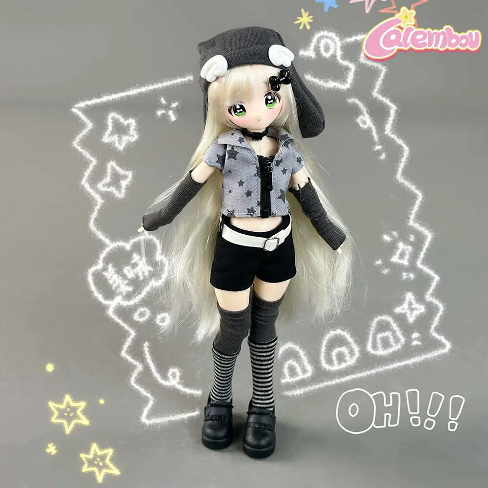 Realistic Bunny has on a gray hat with small wings. She has a bone clip in her blonde hair. She wears a gray jacket with stars on it and long, black gloves. She has black shorts and long gray socks. Text in the top right corner reads 'Calembou'.