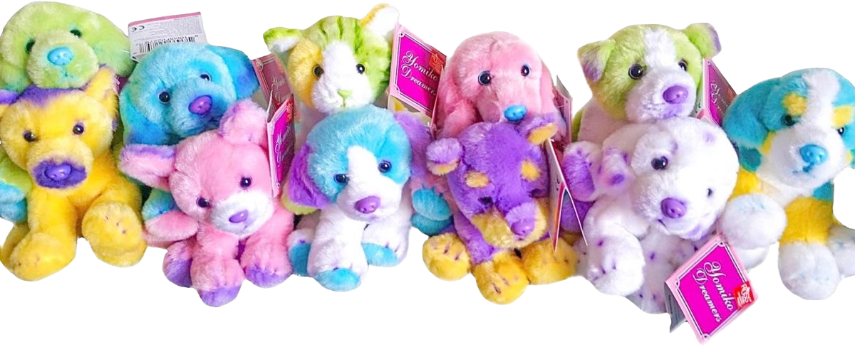 A bunch of colorful dog toys.